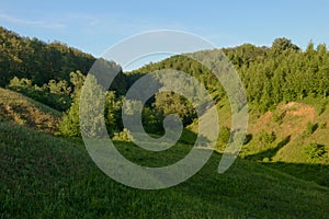 Summer evening landscape with green forest on the hillsides photo