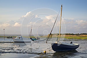 Summer evening landscape of leisure boats in harbor at low tide