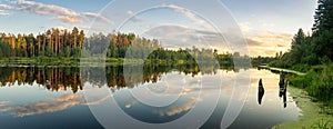 Summer evening landscape on Ural lake with pine trees on the shore, Russia