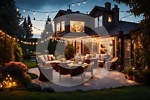 Summer evening patio of beautiful house with lights in the garden Generated AI