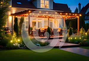 Summer evening on the patio of beautiful suburban house with lights in the garden garden