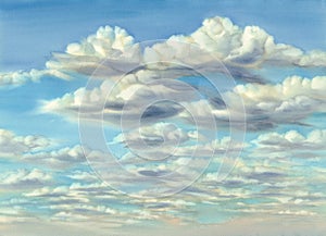 Summer evening sky with clouds watercolor background