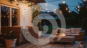 Summer evening on the terrace of beautiful suburban house with patio with wicker furniture and lights. Generative AI