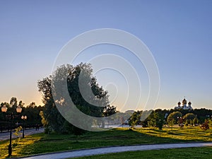 Summer evening. Volga embankment is the pearl of Yaroslavl. Park on the Arrow