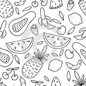 Summer exotic fruits - watermelon, papaya, banana, lemon, set of green tropical leaves, vector seamless pattern of doodle elements