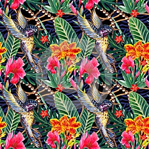 Summer exotic jungle tropical floral rainflorest plants and Hummingbird pattern watercolors photo