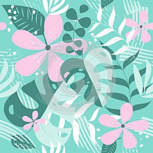 Summer exotic leaves seamless pattern.Trendy pastel colored, on turquise color backgound