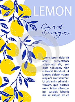 Summer exotic and tropic background design. Composition with lemons and leaves. Vector universal card.