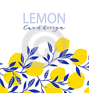 Summer exotic and tropic background design. Composition with lemons and leaves. Vector universal card with text.