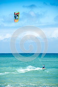 Summer extreme sports. Kite surf activity of athlete