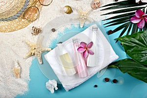 Summer facial skincare protection, Sun protection with Blank label cosmetics bottle container