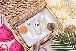 Summer facial skincare protection, Sun protection with Blank label cosmetics bottle container