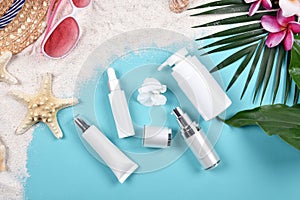 Summer facial skincare protection, Sun protection with Blank label cosmetics bottle container.