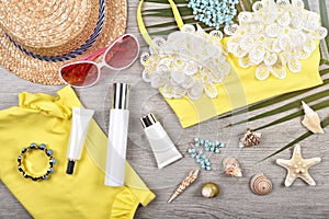 Summer facial skincare protection, Sun protection with Blank label cosmetics bottle container