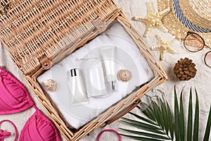 Summer facial skincare protection, Sun protection with Blank label cosmetics bottle container