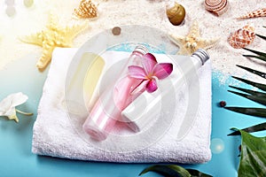 Summer facial skincare protection, Sun protection with Blank label cosmetics bottle container.