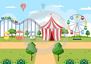 Summer Fair Vector with Carnival, Circus, Funfair or Amusement Park. Landscape of Carousels, Roller Coaster and Playground