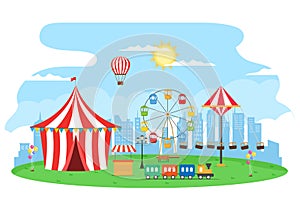 Summer Fair Vector with Carnival, Circus, Funfair or Amusement Park. Landscape of Carousels, Roller Coaster and Playground