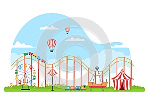 Summer Fair Vector with Carnival, Circus, Funfair or Amusement Park. Landscape of Carousels, Roller Coaster and Playground