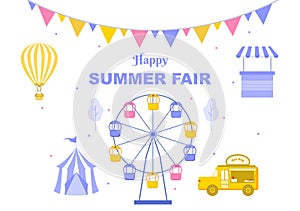 Summer Fair Vector with Carnival, Circus, Funfair or Amusement Park. Landscape of Carousels, Roller Coaster and Playground