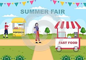 Summer Fair Vector with Carnival, Circus, Funfair or Amusement Park. Landscape of Carousels, Roller Coaster and Playground