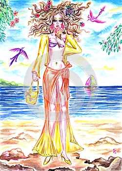 Summer fairy girl eating ice cream on the shore of sea