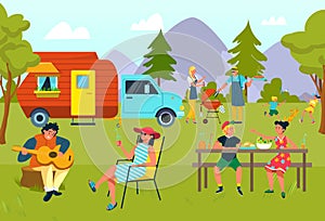 Summer family picnic at vacation outdoor, vector illustration. Travel by van, adventure camp at nature. Holiday tourism