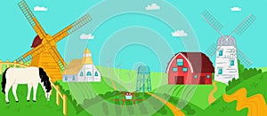 Summer farm landscape, agriculture field nature, vector illustration. Countryside background, farming house at cartoon
