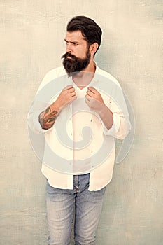 Summer fashion. Bearded man casual outfit. Fashion model. Mature handsome hipster with beard wear white shirt. Summer