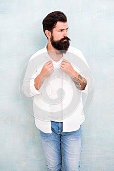 Summer fashion. Bearded man casual outfit. Fashion model. Mature handsome hipster with beard wear white shirt. Summer