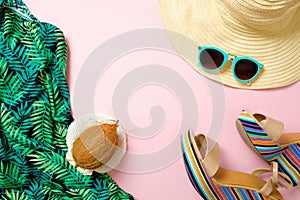 Summer fashion clothing and accessories on pink background, Top view on trendy feminine stuff and stylish outfit. Flat lay