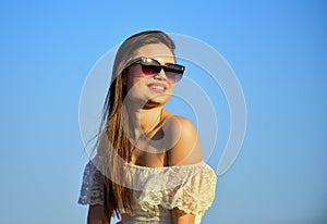 Summer fashion. Find inner strength. Girl in sunglasses copy space. Freedom. Carve out time for yourself. Harmony and