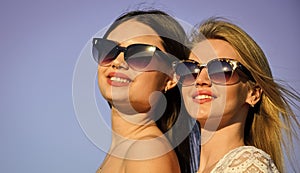 Summer fashion. Find woman inner strength. Harmony and balance. Femininity concept. Beautiful women on sunny day blue