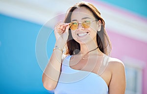 Summer, fashion and sunglasses, style and woman while happy in urban and cityscape. Young, Asian model and stylish
