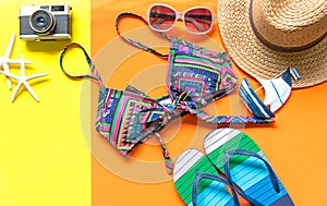 Summer Fashion woman swimsuit Bikini. Tropical sea.Unusual top view, colorful background.
