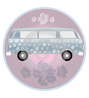 Summer feeling retro van with hibiscus flower and soap bubbles on light pink circle