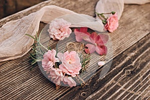 Summer feminine wedding styled stock photo. Floral composition with pink roses, hydrangea flowers and rosemary herb on