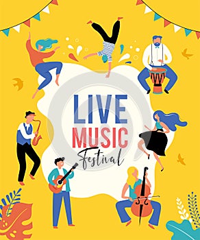 Summer fest, concept of live music festival, jazz and rock, food street fair, event poster and banner. People dance and