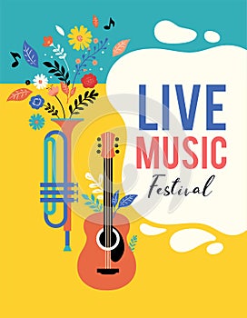 Summer fest, concept of live music festival, jazz and rock, food street fair, family fair, event poster and banner