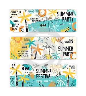 Summer festival banner vector templates set. Tropical beach party invitation layouts pack. Music entertainment, open air