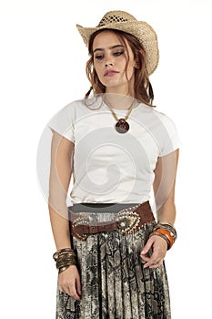 Summer festival style cute model wearing a empty space white t-shirt and cowboy hat