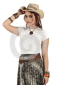 Summer festival style cute model wearing a empty space white t-shirt and cowboy hat