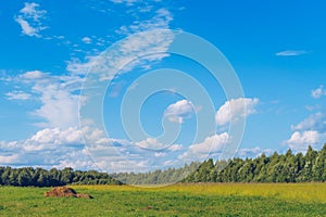 Summer field grass with hay in the middle. Meadow picturesque summer landscape with clouds on blue marvelous sky view background.