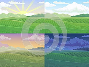 Summer field. Green hill, daytime fields landscape and spring hills cartoon vector illustration background