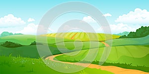 Summer fields landscape. Cartoon countryside valley with green hills blue sky and curly clouds. Vector rural nature view photo