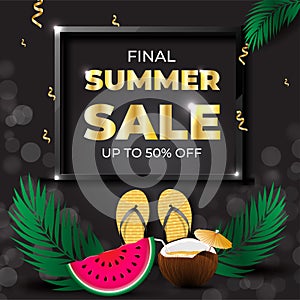 Summer final sale card. Gold and black luxury template. Design for banners, wallpaper, flyers, invitation, posters, brochure,
