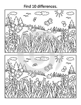 Summer find 10 differences picture puzzle and coloring page with grass, mushrooms, butterflies and wildflowers. Black and white.