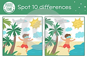 Summer find differences game for children. Beach holiday preschool activity with boy running to the sea. Printable worksheet with