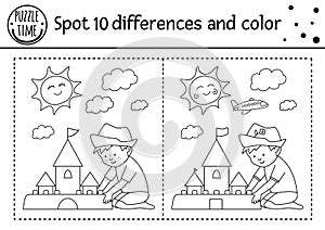 Summer find differences game for children with cute kid building sandcastle. Beach holidays black and white activity and coloring