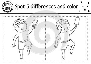 Summer find differences game for children with cute kid in swimming trunks and ice-cream. Beach holidays black and white activity